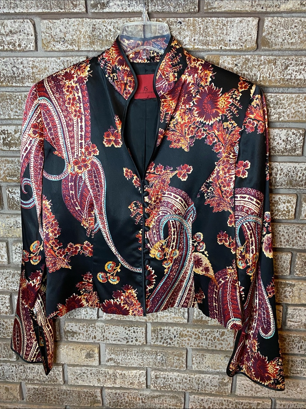 JS Collections Black Silk Paisley Floral Jacket with Rust and Gold Accents